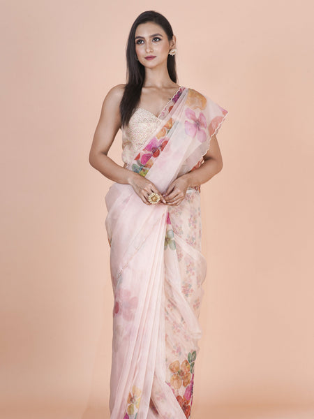 Floral Haze Premium Powder Pink Nylon Organza Saree for Women Ethnic Collection
