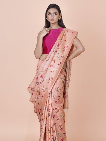 Warm blush Elegant Peach Plain Tussar Saree – Soft Natural Silk Ethnic Saree