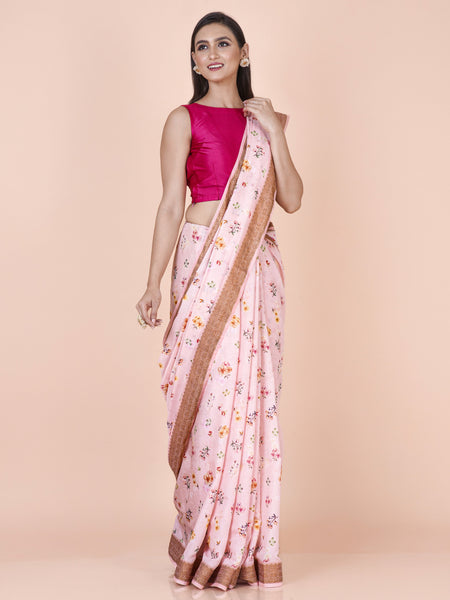 Bindu Luxury Powder Pink Chanderi Saree for Women with Bronze Zari Borde