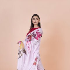 Lightweight Lavender Chinon Silk Saree with Modern Floral Design