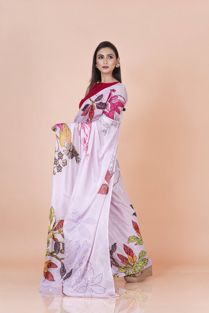 Lightweight Lavender Chinon Silk Saree with Modern Floral Design
