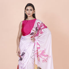 Lightweight Lavender Chinon Silk Saree with Modern Floral Design