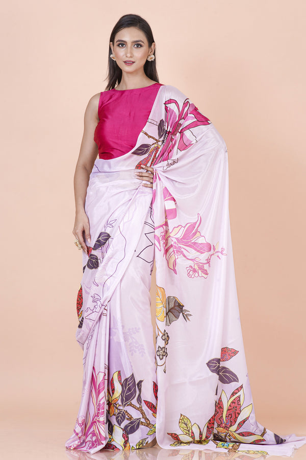 Lilac kusum Lightweight Lavender Chinon Silk Saree with Modern Floral Design