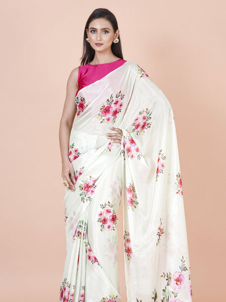 French rose | Lightweight White Chinon Silk Saree with Modern Floral Design