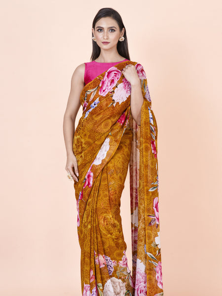 Wardah Golden Georgette Saree – Elegant Lightweight Shimmering Ethnic Wear Saree