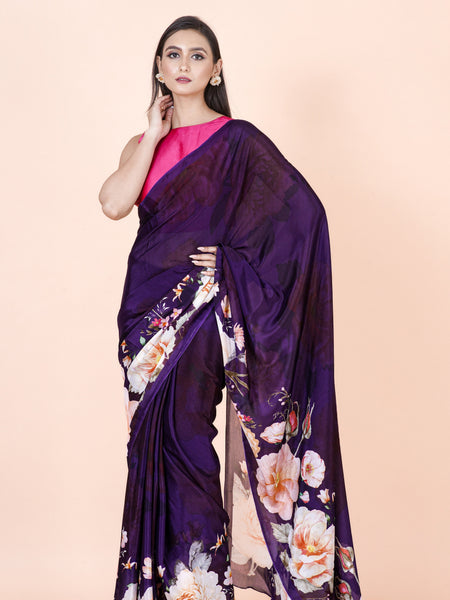 Viola Notte Premium Purple Chinnon Silk Saree for Women | Lightweight Festive & Occasion Wear