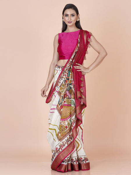 Vrindavan Digital Printed Multicolor Chanderi Saree with Traditional Leheriya Pattern