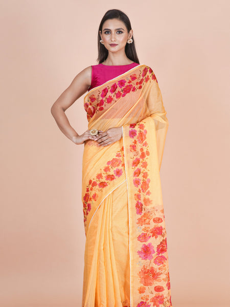 Ziya Women’s Yellow Supernet Floral Printed Saree with Elegant Lace Work