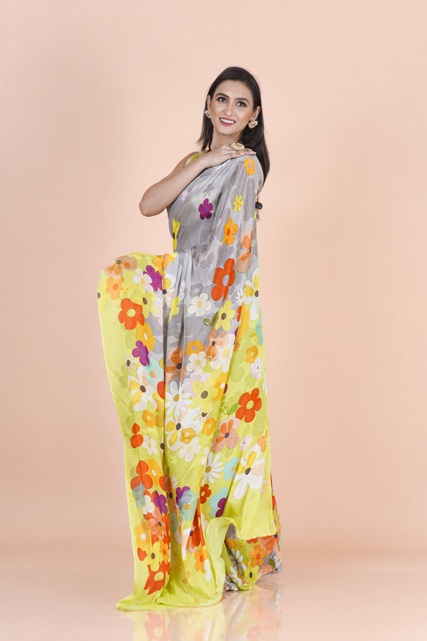 Kusumini Multicolor Chinon Silk Saree – Elegant Lightweight Flowing Ethnic Saree