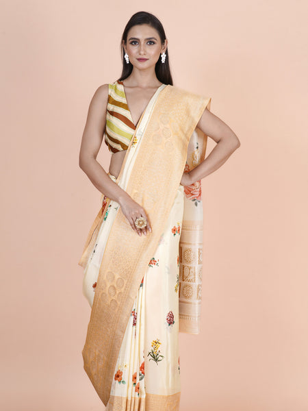 Flora butter Women’s Beige Khaddi Silk Saree with Digital Print Elegance