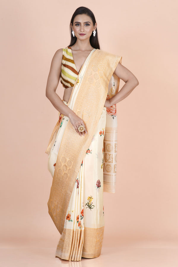 Flora butter Women’s Beige Khaddi Silk Saree with Digital Print Elegance