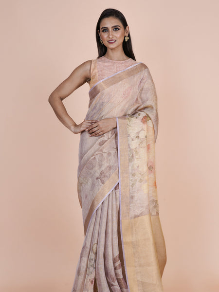 Avar Beige Linen Tissue Saree with Digital Floral Print