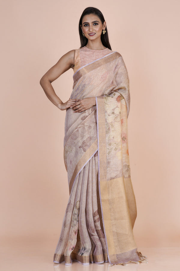 Avar Beige Linen Tissue Saree with Digital Floral Print