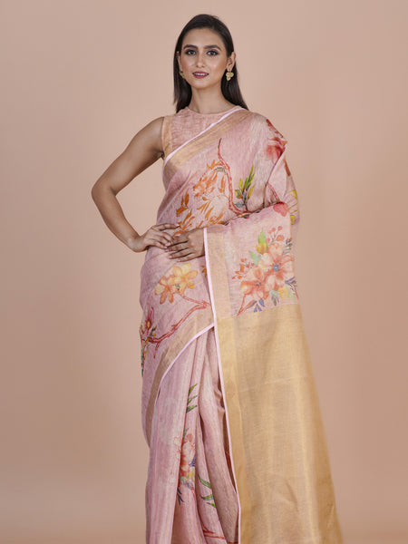 Vidipta Premium Linen Tissue Saree in Soft Blush Pink with Floral Print