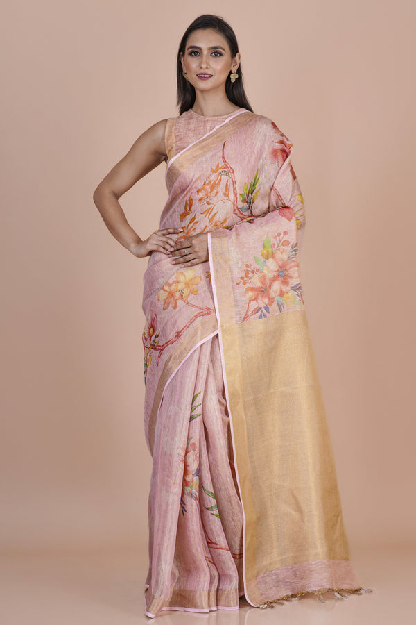 Vidipta Premium Linen Tissue Saree in Soft Blush Pink with Floral Print