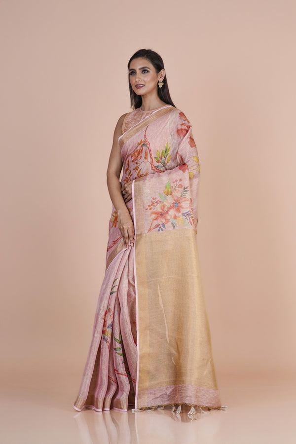 Vidipta Premium Linen Tissue Saree in Soft Blush Pink with Floral Print
