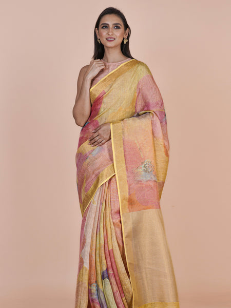 Saanjh Multicolor Floral Digital Print Linen Tissue Saree for Women