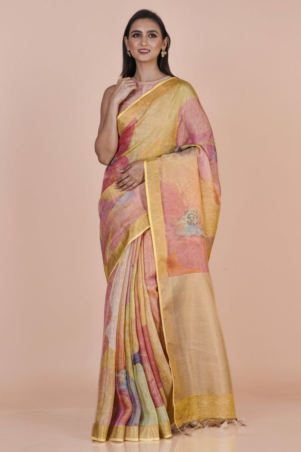 Saanjh Multicolor Floral Digital Print Linen Tissue Saree for Women