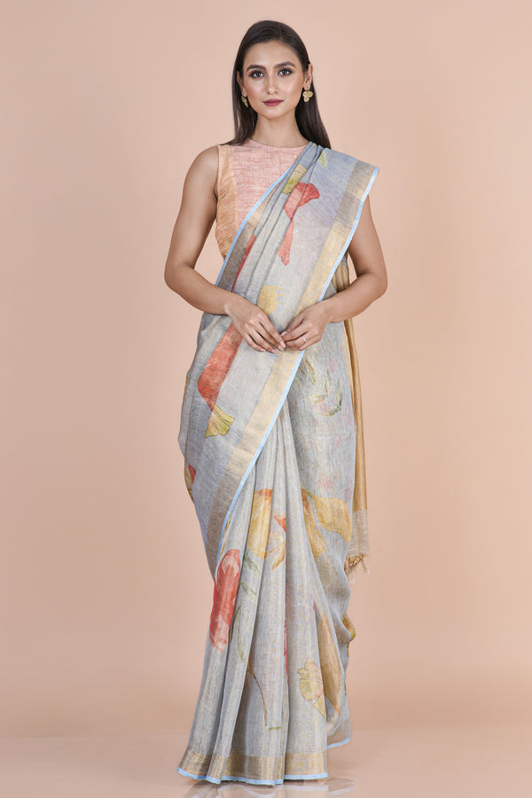 Aroha Lightweight Blue Linen Tissue Saree for Festive & Occasion Wear