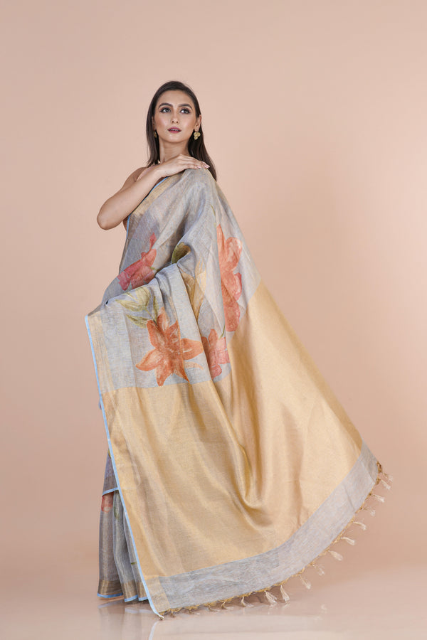 Aroha Lightweight Blue Linen Tissue Saree for Festive & Occasion Wear
