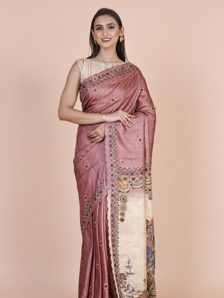 Vinyaas Wine Tussar Silk Saree – Elegant Festive Wear Designer Saree for Women
