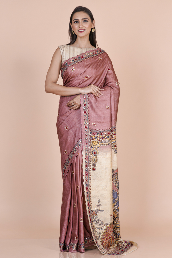 Vinyaas Wine Tussar Silk Saree – Elegant Festive Wear Designer Saree for Women