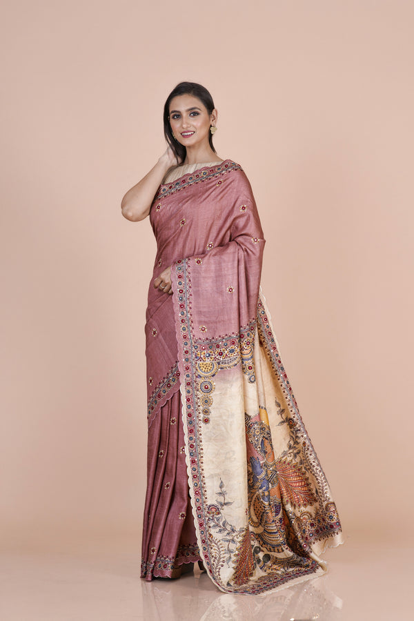 Vinyaas Wine Tussar Silk Saree – Elegant Festive Wear Designer Saree for Women