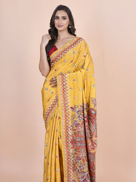 Aaravi | Elegant Yellow Crepe Saree with Aari Work Geometric & Paisley Design