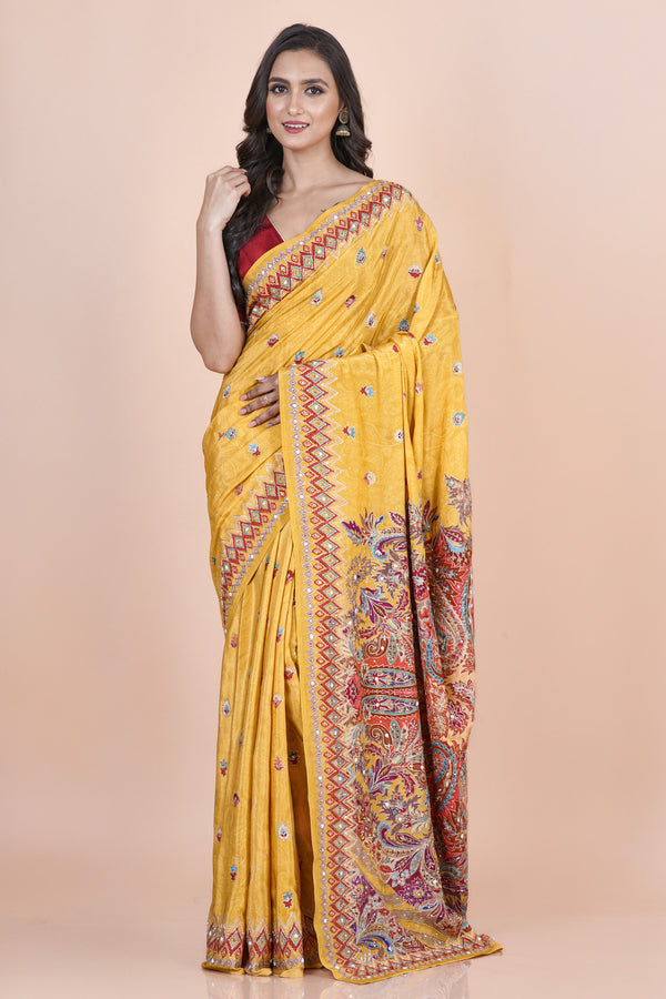 Aaravi | Elegant Yellow Crepe Saree with Aari Work Geometric & Paisley Design