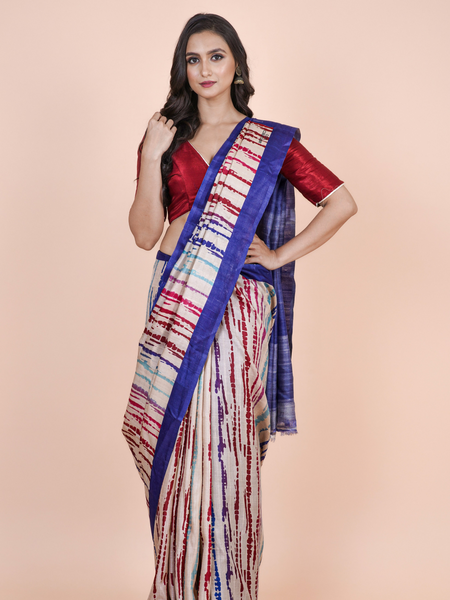 neelika Lightweight Tussar Silk Saree with Blue White Digital Shibori Print