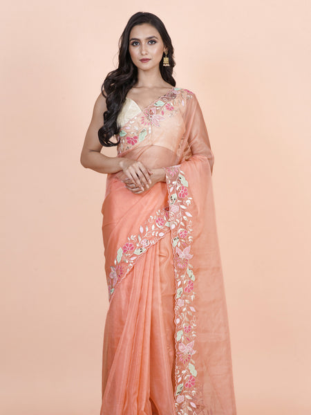 Elegant Peach Nylon Organza Saree – Soft Luxury Party Wear Saree