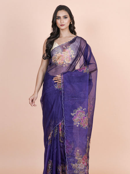Pita Petal Premium Purple Nylon Organza Saree for Women Ethnic Collection