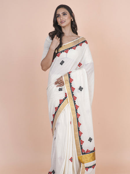 Rashmi White Cotton Kerala Saree with Zari Border & Geometric Handwork Design