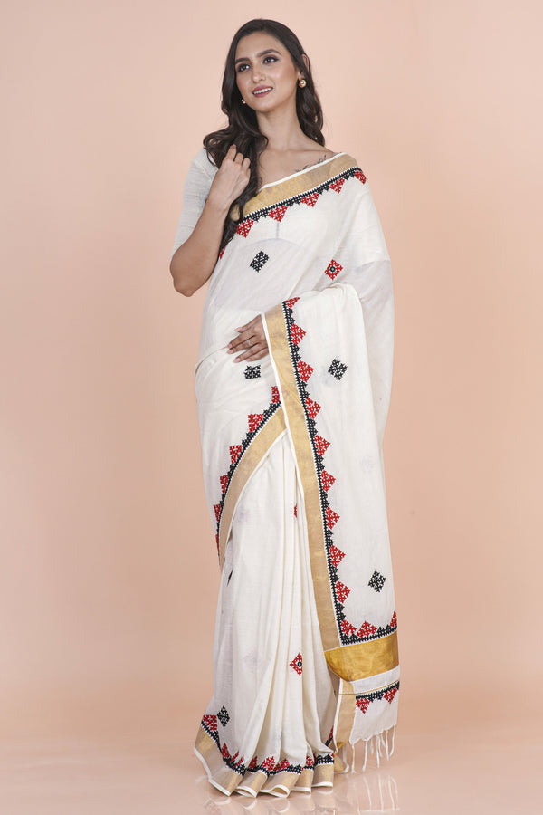 Rashmi White Cotton Kerala Saree with Zari Border & Geometric Handwork Design