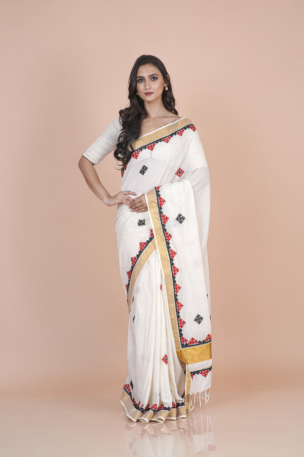 Rashmi White Cotton Kerala Saree with Zari Border & Geometric Handwork Design