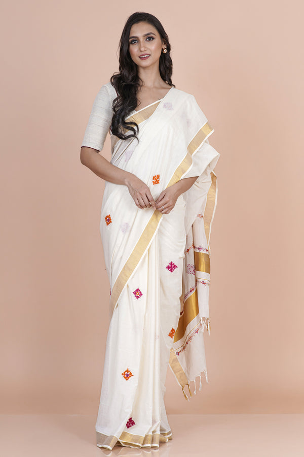 Savitri Traditional White Kasavu Saree with Gujarati Handwork & Sindhi Kadhai