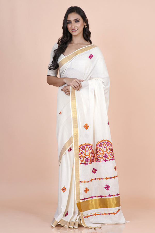 Savitri Traditional White Kasavu Saree with Gujarati Handwork & Sindhi Kadhai