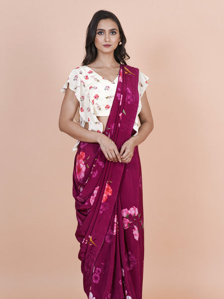 Merlot Muse Elegant Wine Crepe Saree for Women – Modern Ethnic Fashion Saree
