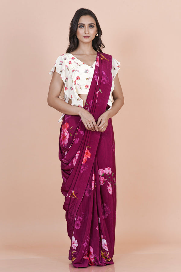 Merlot Muse Elegant Wine Crepe Saree for Women – Modern Ethnic Fashion Saree