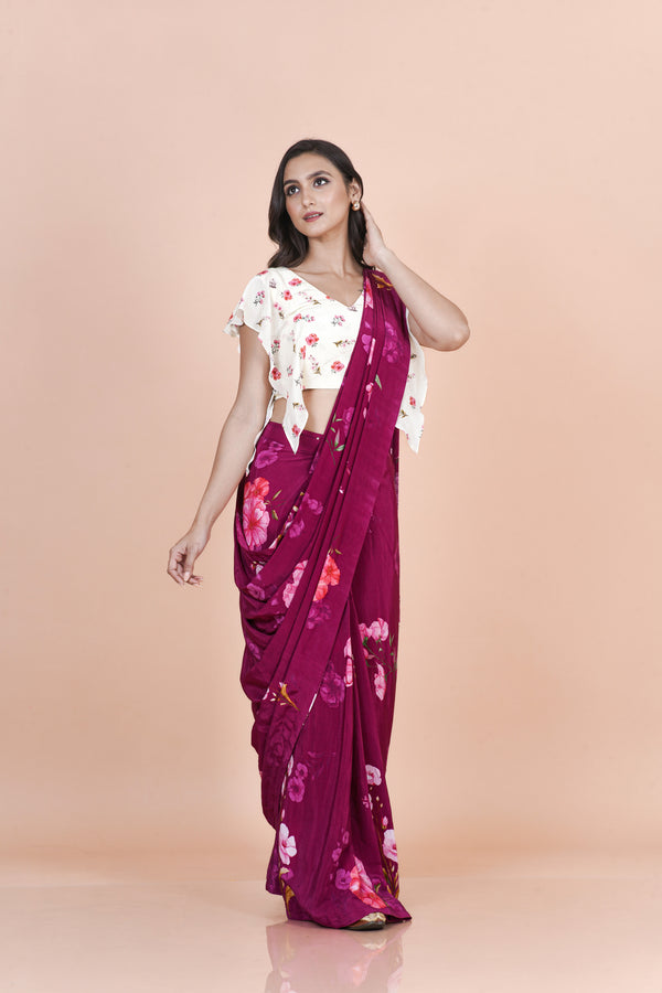 Merlot Muse Elegant Wine Crepe Saree for Women – Modern Ethnic Fashion Saree