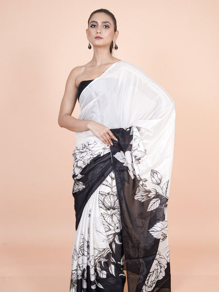 Onyx flora Women’s Black and White Chinon Silk Saree with Modern Floral Design