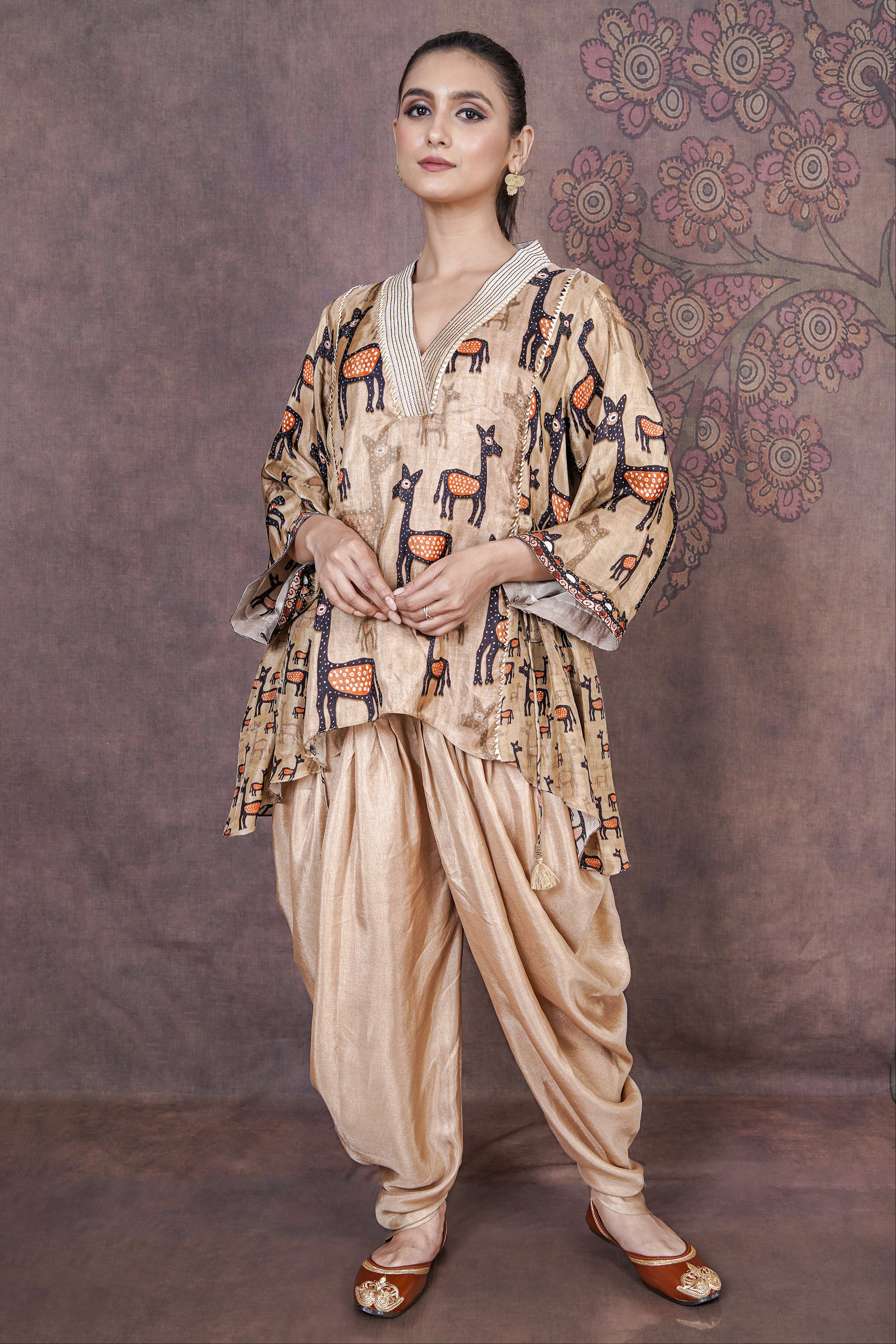 Mriga Designer Beige Russian Silk Ethnic Dress for Women – Indiloom