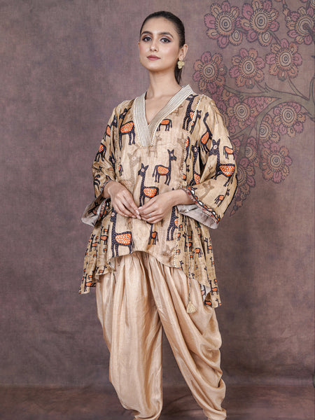 Mriga Designer Beige Russian Silk Ethnic Dress for Women