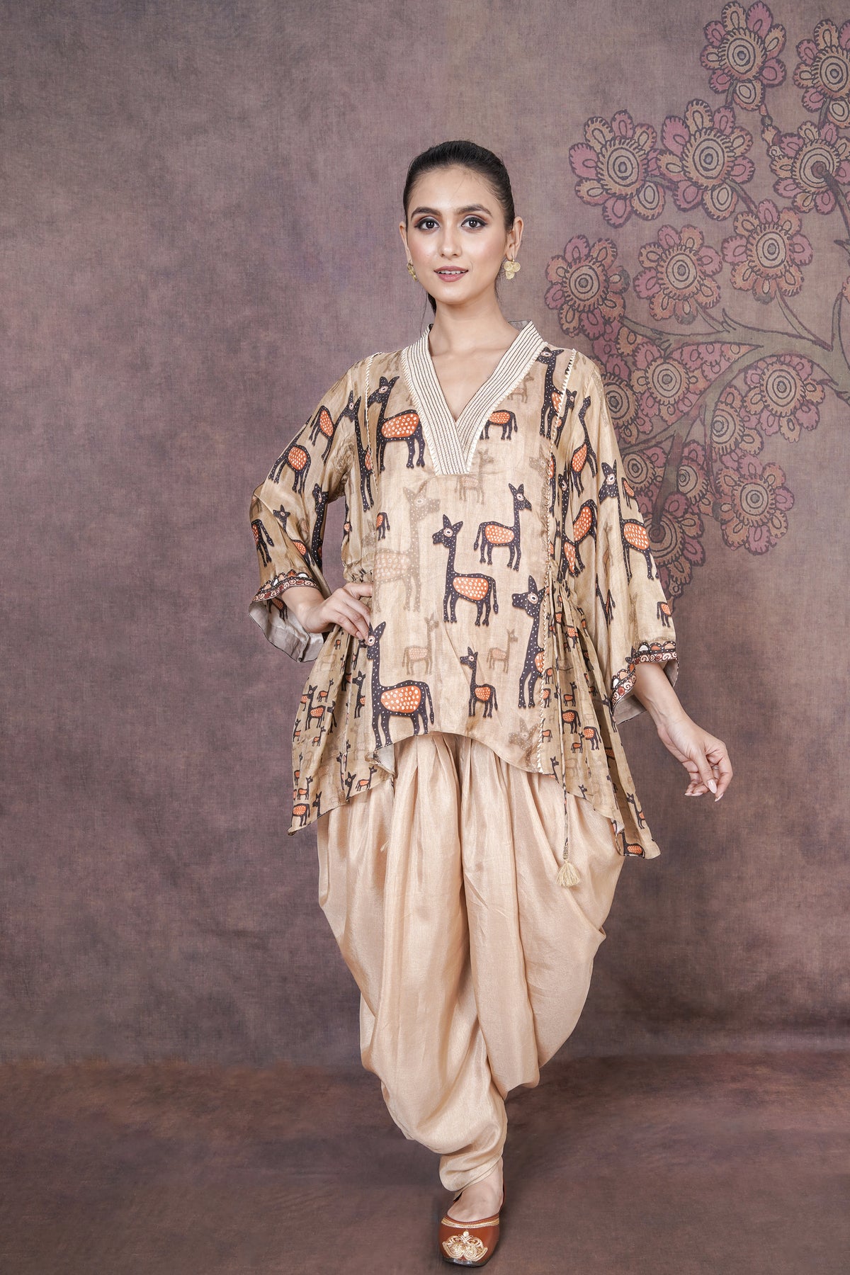 Mriga Designer Beige Russian Silk Ethnic Dress for Women