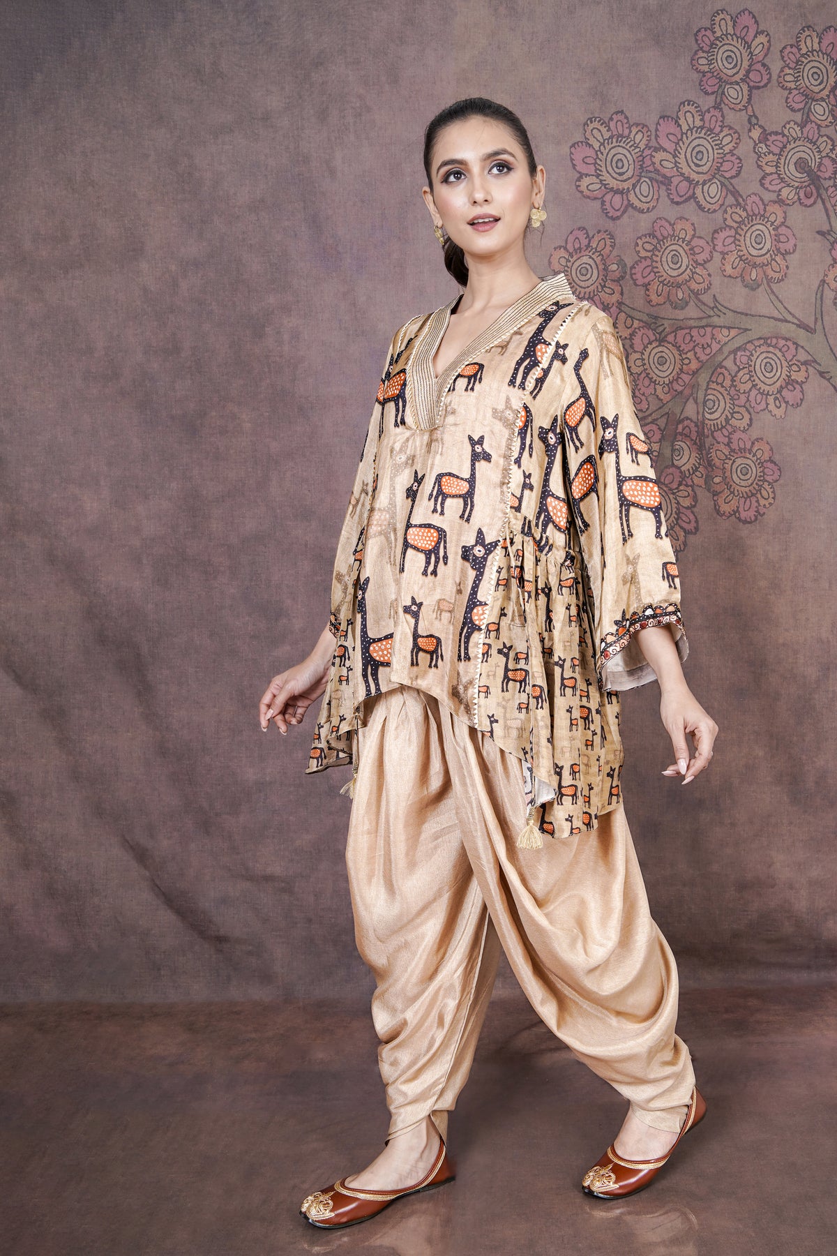 Mriga Designer Beige Russian Silk Ethnic Dress for Women