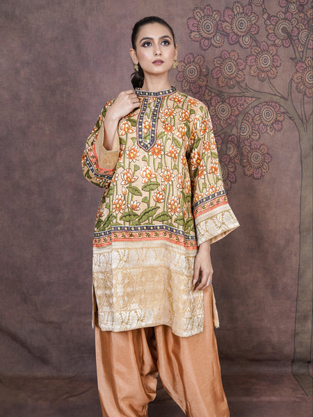 Yasemin Designer Beige Russian Silk Ethnic Dress for Women
