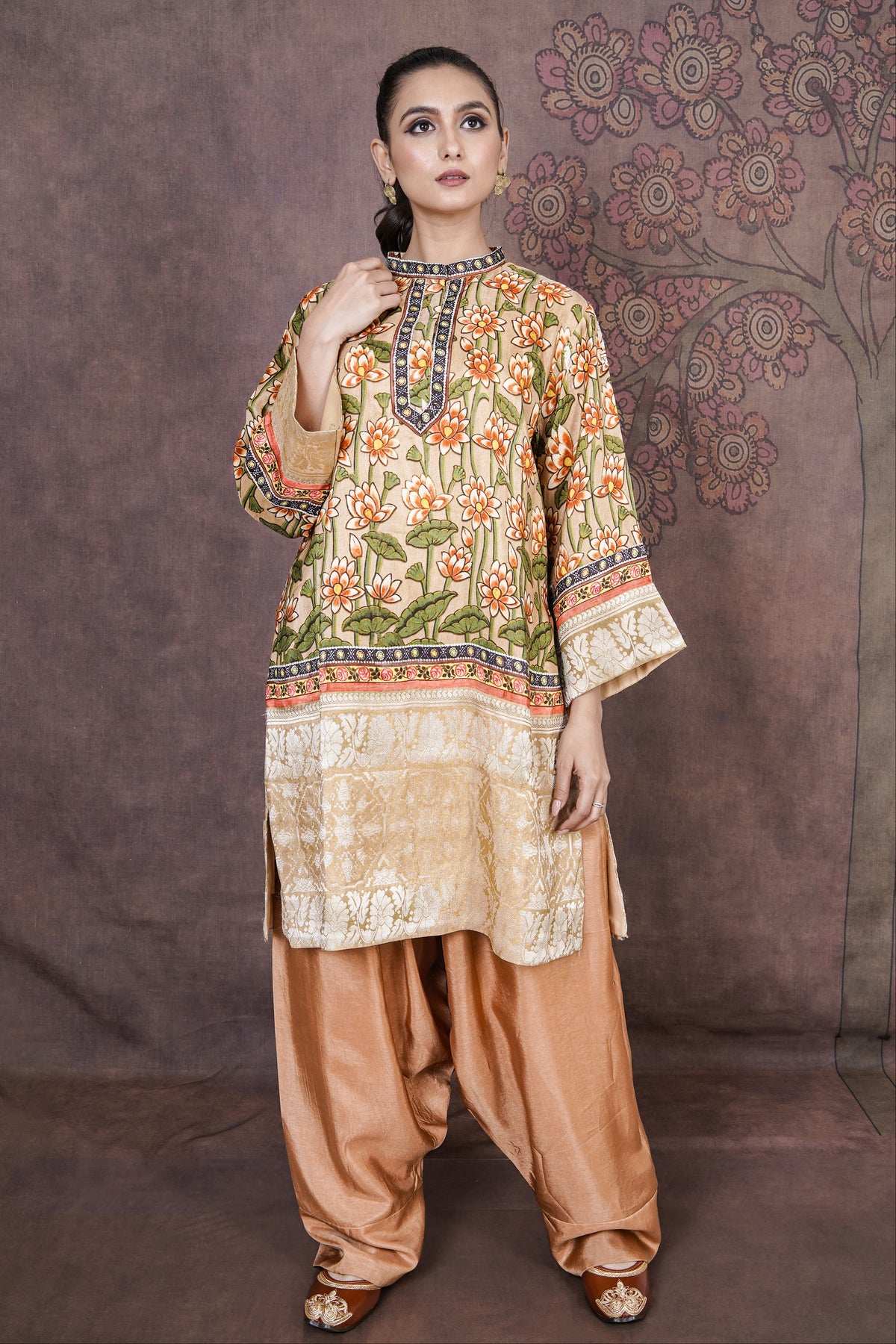 Yasemin Designer Beige Russian Silk Ethnic Dress for Women
