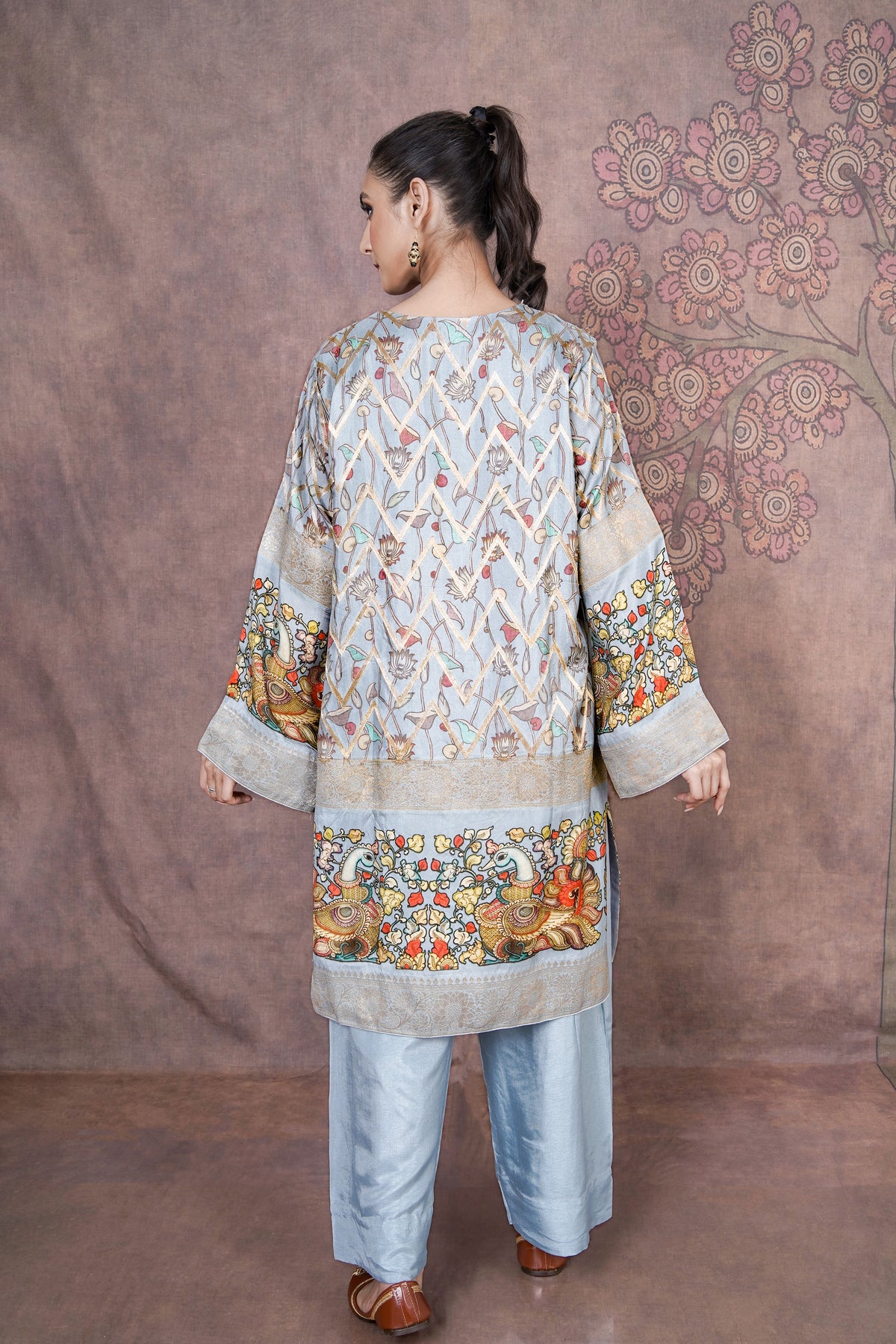 Willow Sky Blue Russian Silk Dress for Wedding and Festive Wear
