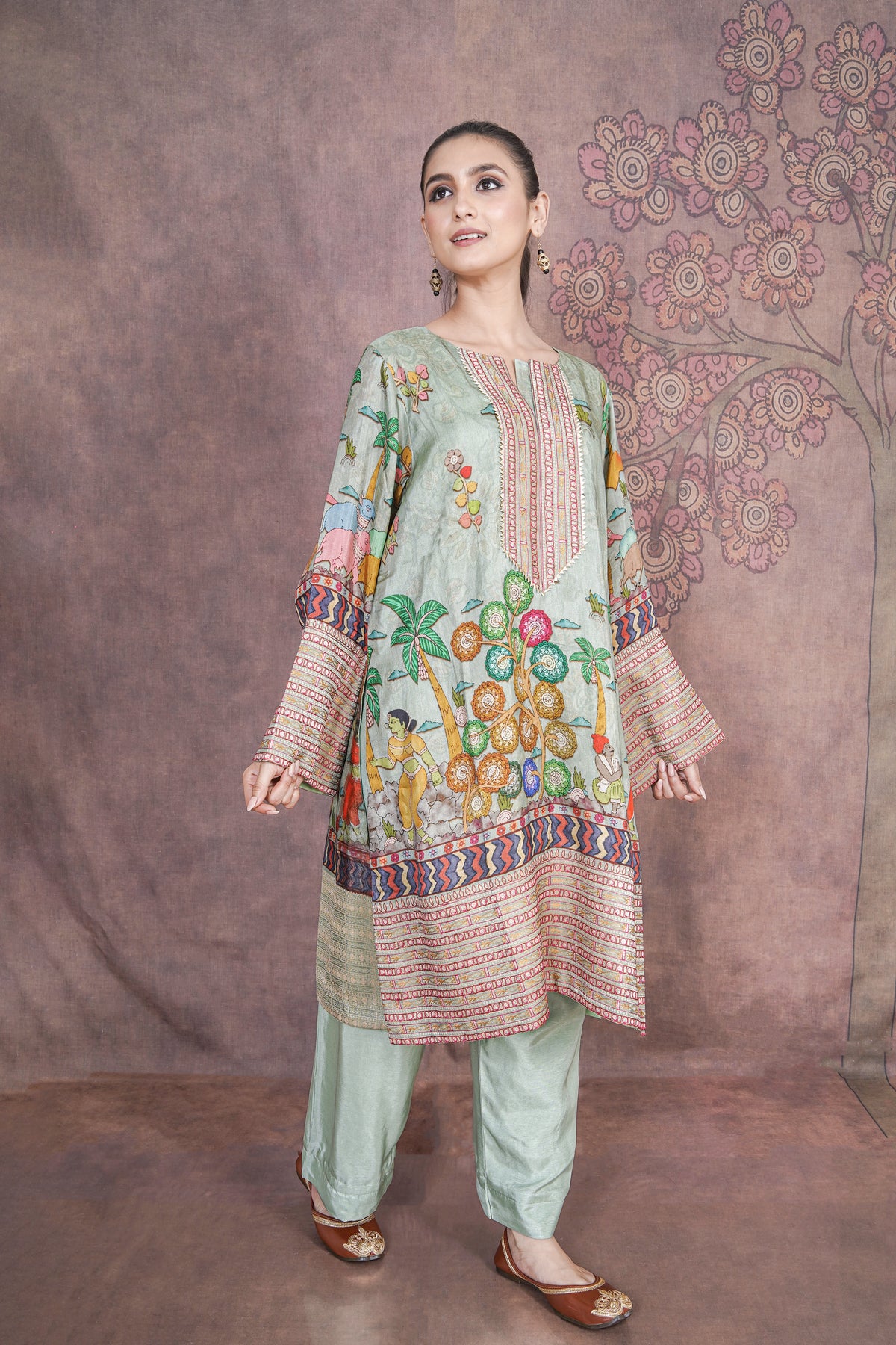 Aspen Elegant Light Green Russian Silk Dress – Party Wear Outfit