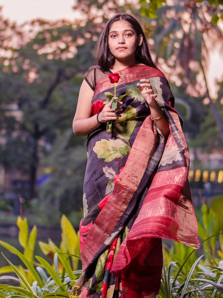 Rose Red Floral Bliss Premium Black Tussar Silk Saree with Zari Weaving – Ethnic Party Wear Saree